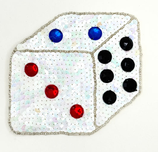Single Die White Iridescent Sequins with Silver Beads and Blue, Red and Black Stones 4.5" x 5"