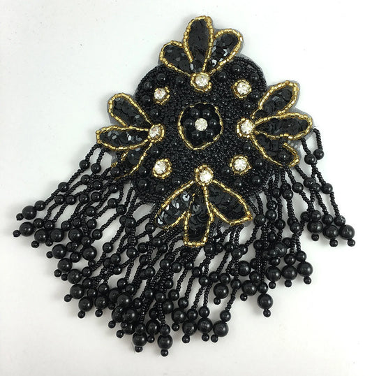 Epaulet with Black and Gold Sequins & Beads and Rhinestones 7.5" x 5"