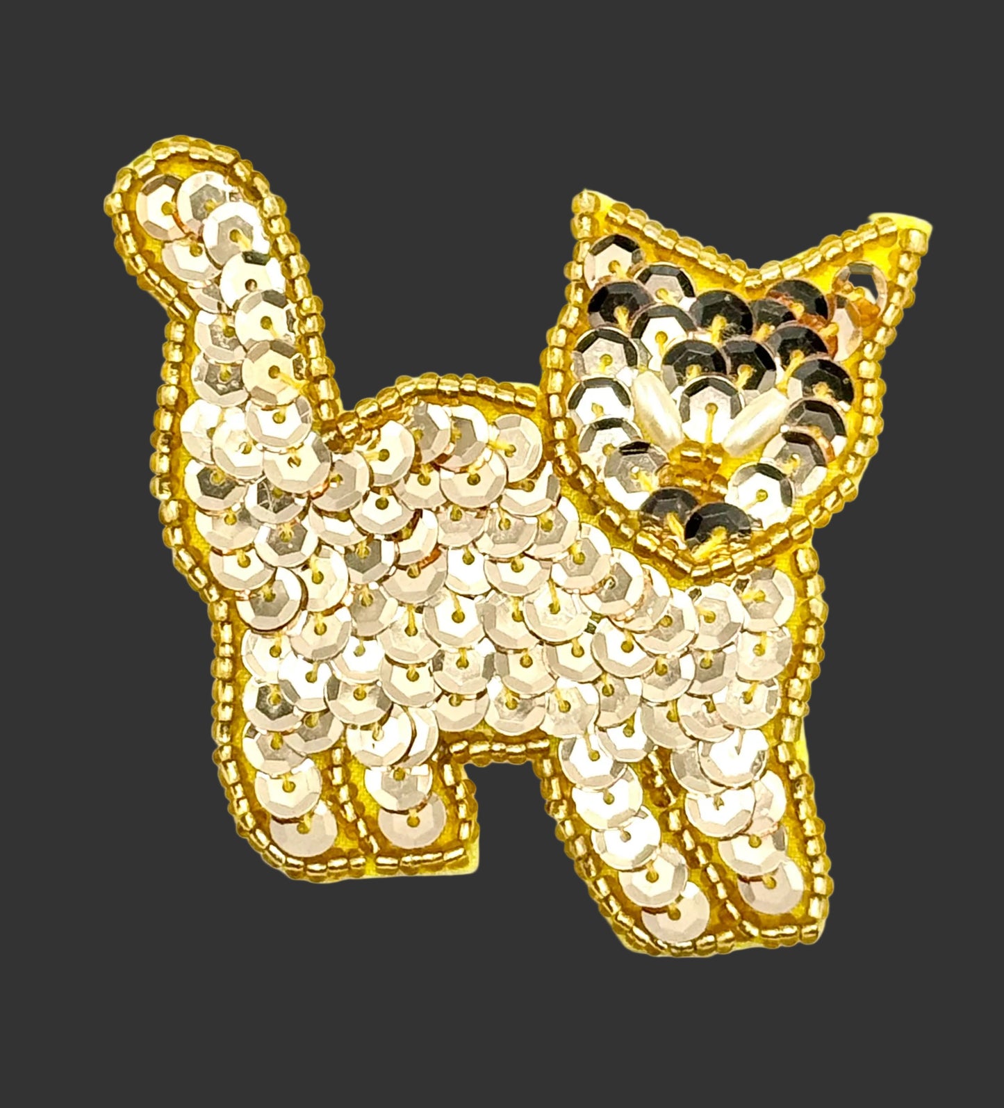 Cat with Gold Sequins and Gold Beads and White Pearl Beaded Eyes 2.25” x 2.25”