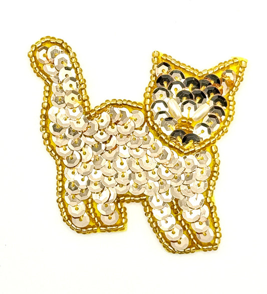 Cat with Gold Sequins and Gold Beads and White Pearl Beaded Eyes 2" x 2"