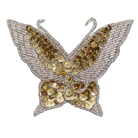 Butterfly Appliqué - Gold Sequins - Silver Bugle and Glass Beads 4.25” x 3.25”