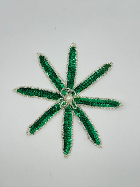 Flower Appliqué with Green Sequins and Silver Beads Pearl Center 6" x 6"