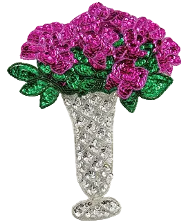 Flores Fucsia en un Florero Plateado con Lentejuelas y Cuentas 7.5" x 9"