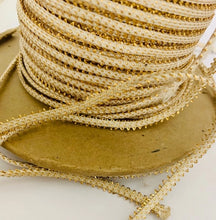 Load image into Gallery viewer, White Flat Rope Fabric Trim with Gold Bullion Thread Accents, 1/8&quot; Wide, Sold by the Yard