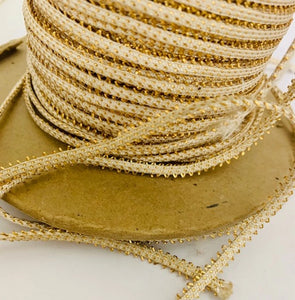 White Flat Rope Fabric Trim with Gold Bullion Thread Accents, 1/8" Wide, Sold by the Yard