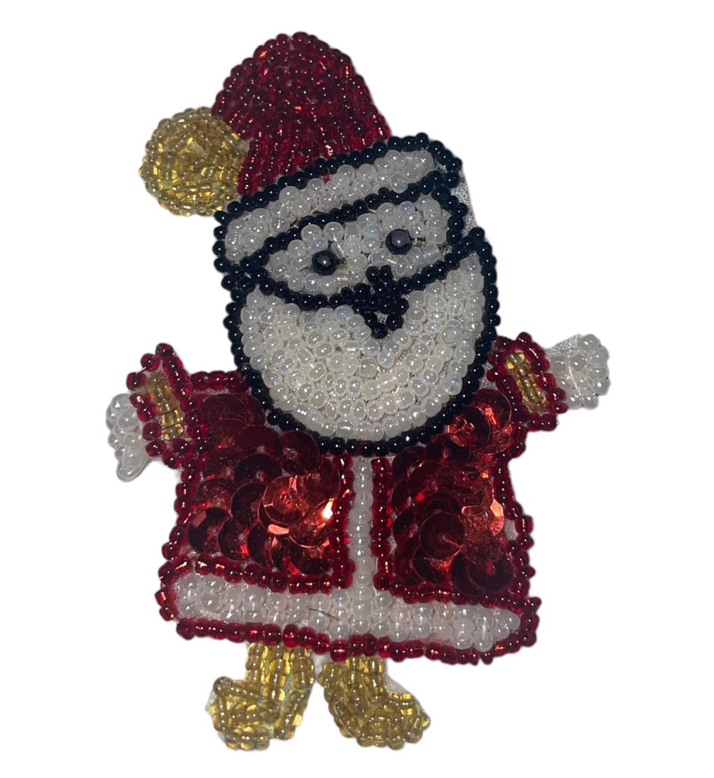 Santa with Arms Out Red Sequins White Gold Black Beads 3.5" x 2.5"