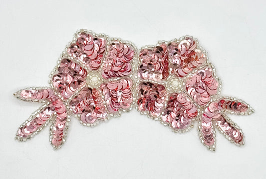 Double Flower Appliqué with Pink Sequins and Silver Beads with a Pearl Center 6" x 3"