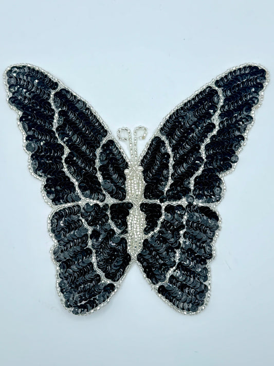 Butterfly with Black and Silver Sequins and Beads 7.5" x 7"