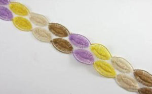 Trim Cotton Two Row Embroidered Purple Tan Beige and Yellow 1" Wide, Sold by the Yard