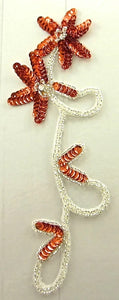 Flower Pair with Orange Sequins Silver Beads and Rhinestones 8" x 3"