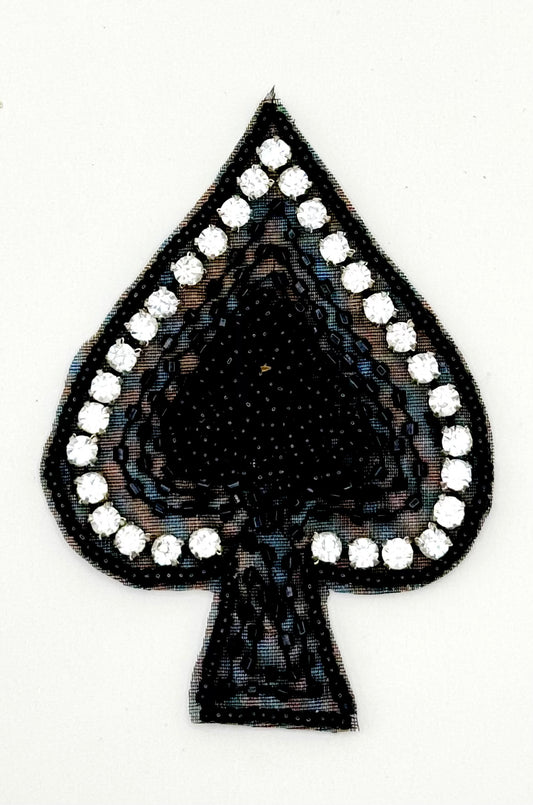 Spade Playing Card Suit with Black Beads and Rhinestones 3.5” x 2.5”