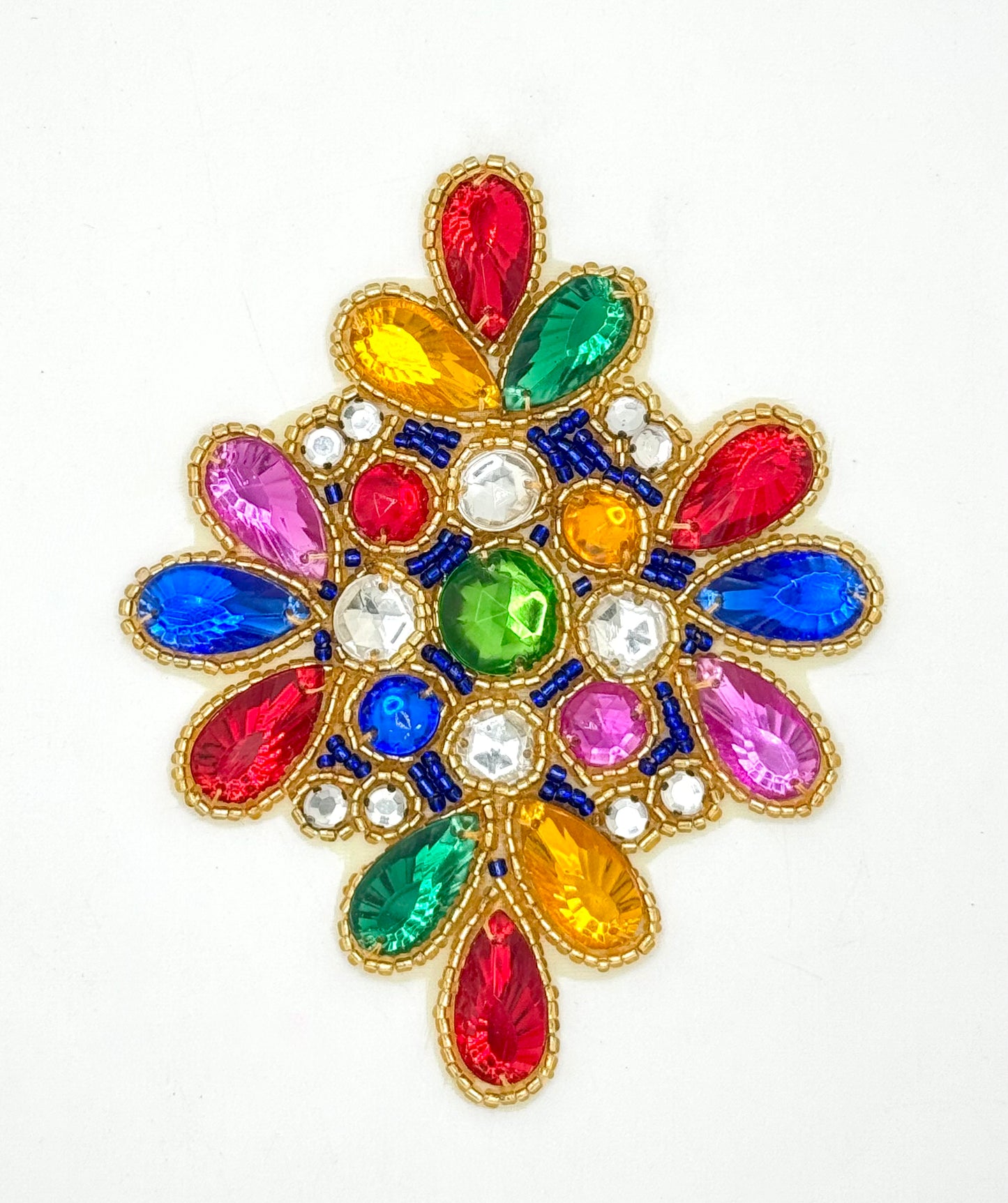 Designer Motif Jeweled Appliqué  with Multi-Colored Jewels and Gold Glass Beads 4.5" x 4.5"