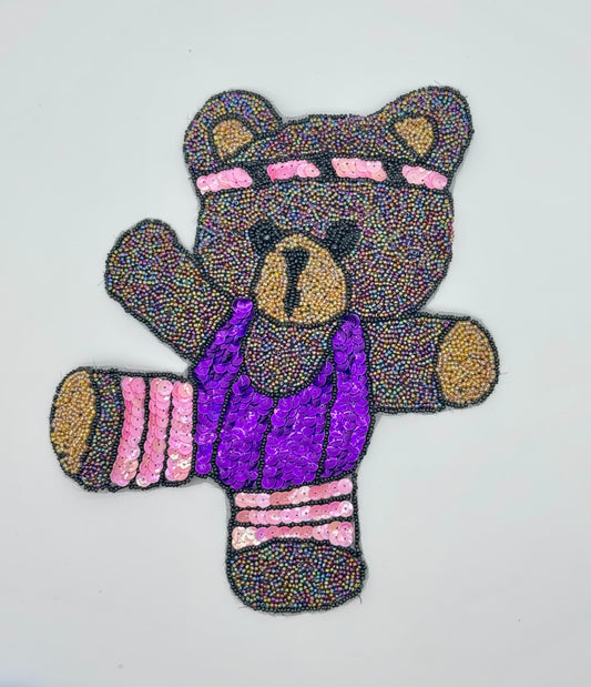 Bear Doing Aerobics Multi-Colored Sequins and Beads 9.5" x 7"