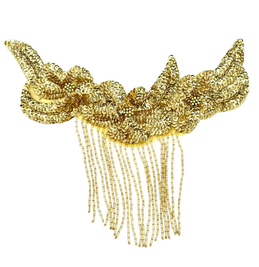 Designer Motif Flower Neckpiece - Gold Sequins - Gold Dangling Beads 9”x 8.5”