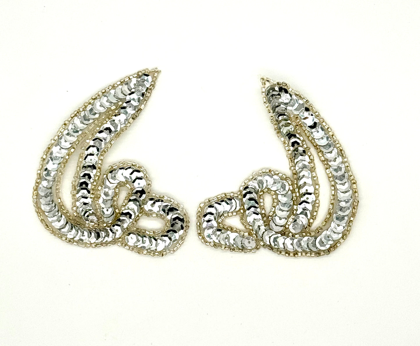 Designer Motif Swirl Pairs or Singles with Silver Sequins and Silver Beads 3.5”x 3”