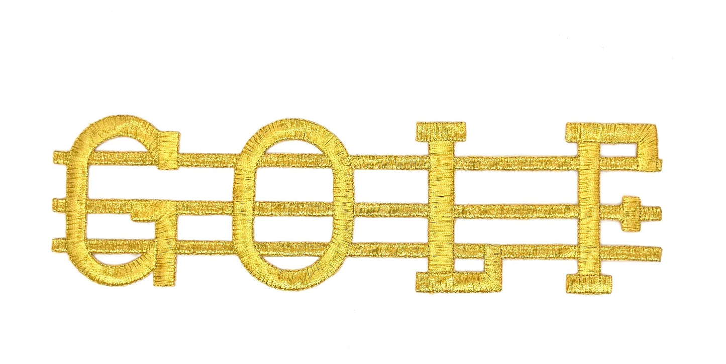 Word "GOLF" Embroirered Iron-on - Gold Metallic Thread - Choice of Size