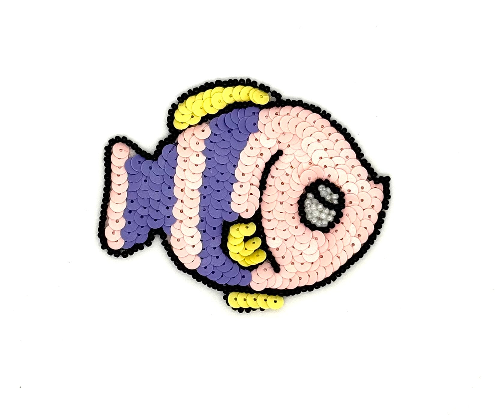 Sequined fish patch with purple and pink body on a white background