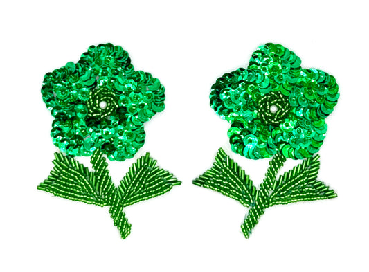 Flower Pair with Green Sequins and Beads 3.5" x 2.75" each side