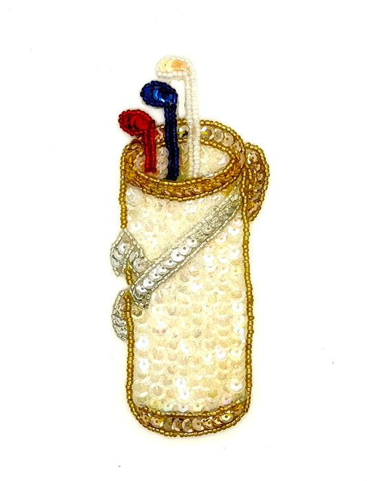 Bolsa de golf con lentejuelas iridiscentes blancas, plateadas y doradas, y cuentas iridiscentes, doradas, plateadas, rojas y azules de 5.5" x 2.5"