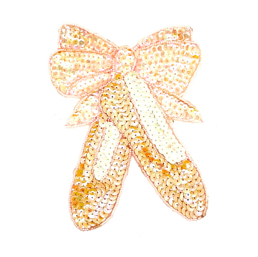 Ballet Slippers -Pre-Glued - Iridescent Beige/White Sequins - Pink Glass Beads 6.25" x 4.75"
