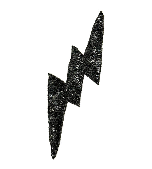 Lightning Bolt Appliqué - Black Sequins/Beads 11" x 3.75"