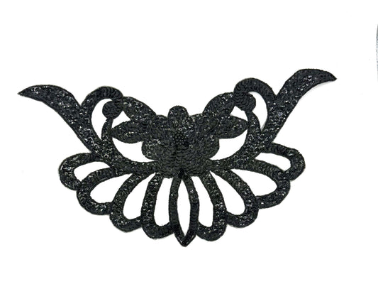 Collar con motivo floral de diseño – Lentejuelas negras – Cuentas negras 16”x 8”
