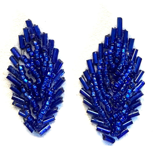 Royal Blue Beaded Leaf Appliqué Pair, 1.5" × 0.75"