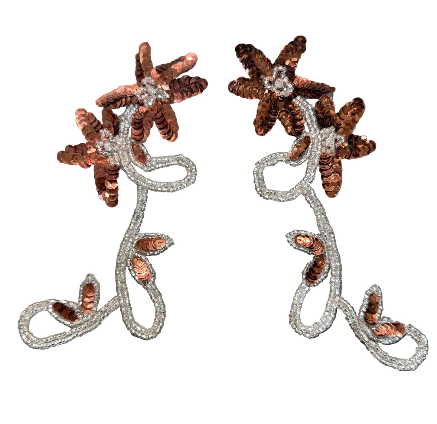 Par de flores con lentejuelas de bronce y cuentas de plata con diamantes de imitación de 8” x 3”