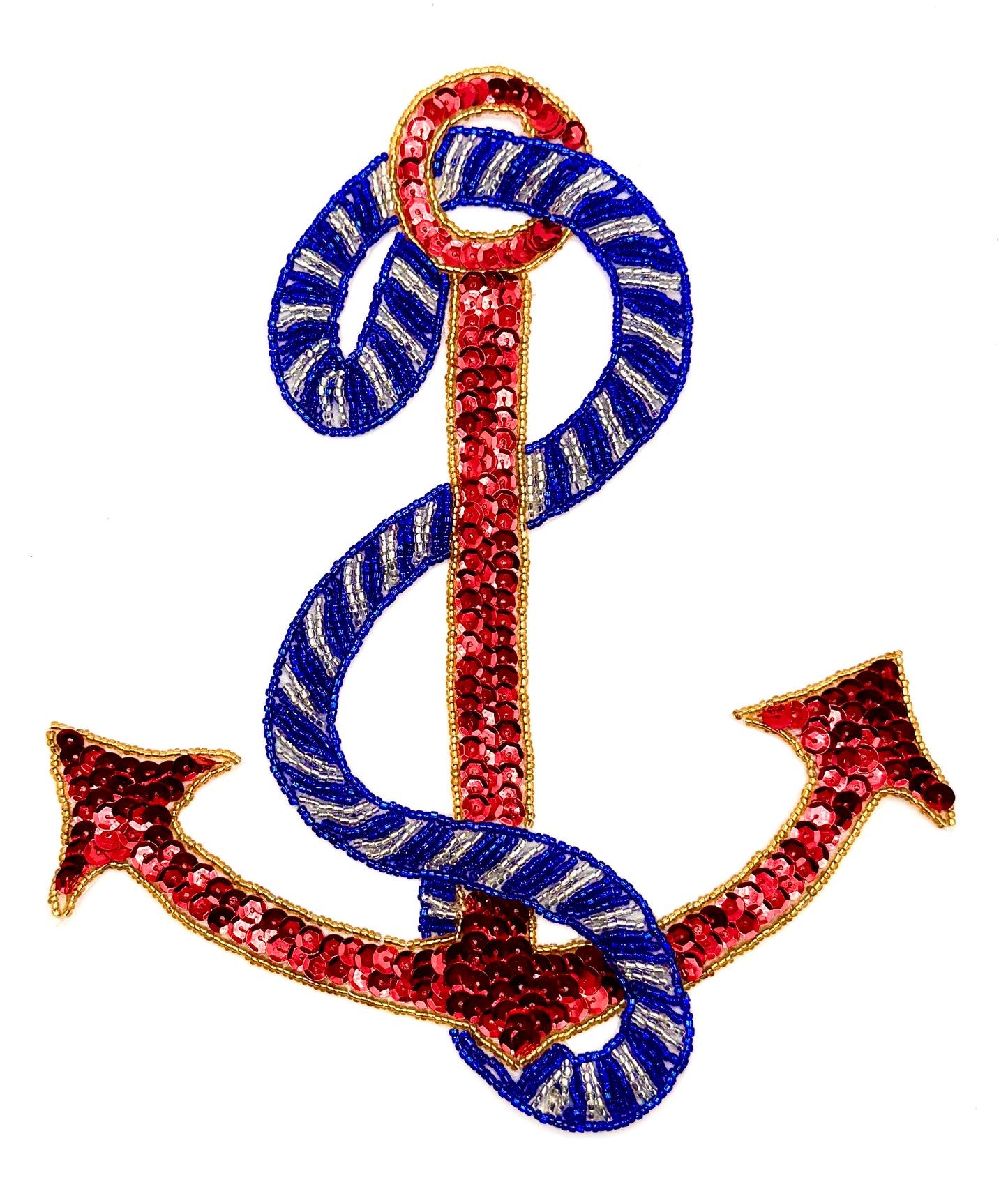 Beautiful Anchor with Rope - Red Sequins -  Royal Blue/Gold/Silver Beads 9.25" x 7.5"