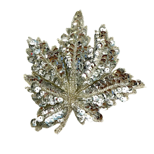 Silver Sequin Leaf Appliqué with Silver Beads — 4.5" x 4.5"