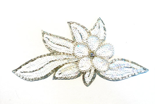 Flower Applique - White Sequins - Silver Beads - AB Rhinestone - Pearls 8.5" x 4"