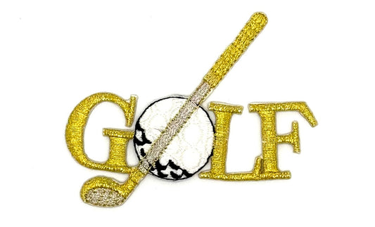 Soed "Golf" con palo y pelota, bordado metálico termoadhesivo blanco, negro y dorado de 3.25" x 3"