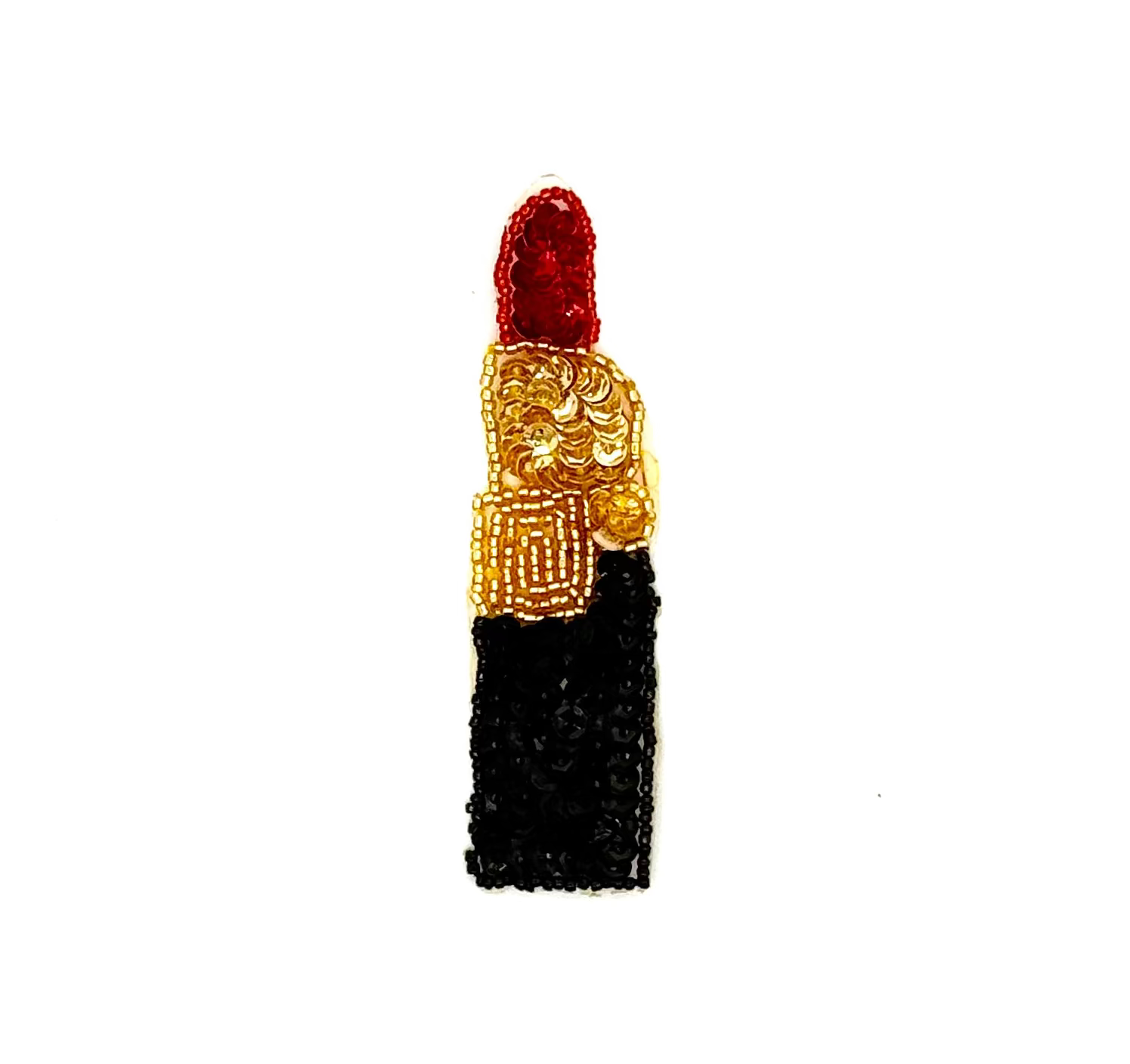 Sequin and bead lipstick with red top, gold middle, and black bottom on a white background