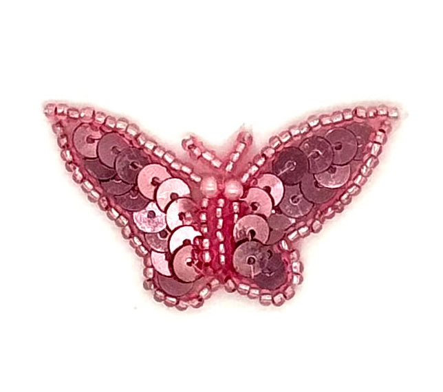 Butterfly Appliqué - Pink Sequins/Beads -Pearl Eyes 2" x  1"