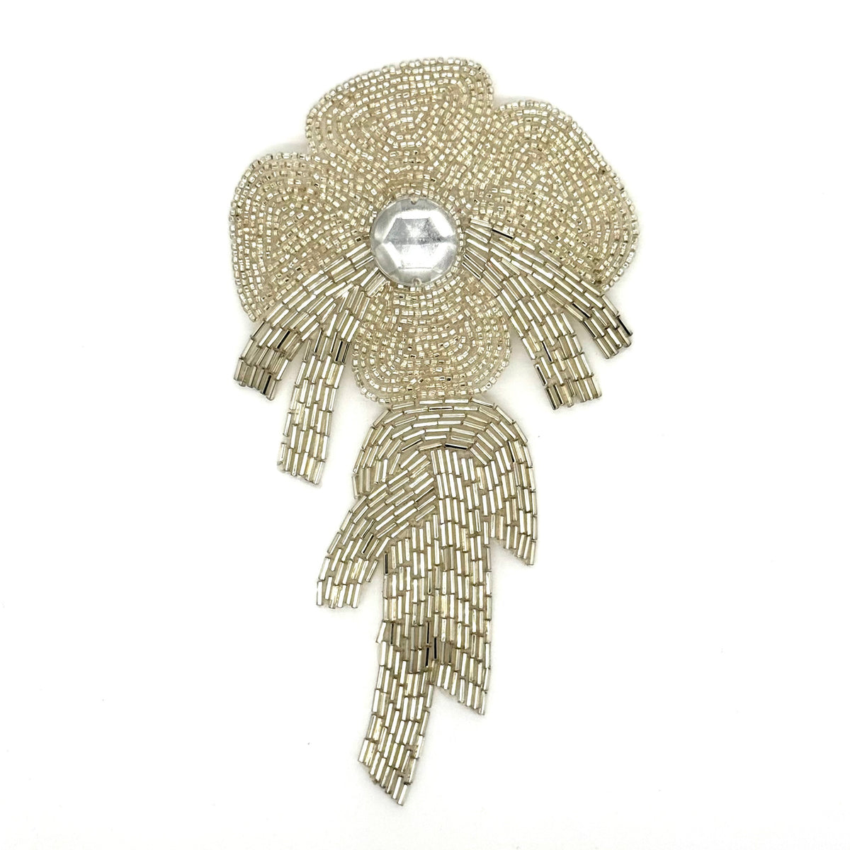 Silver Beaded Flower Appliqué with Center Stone, 7.75" x 4.25"
