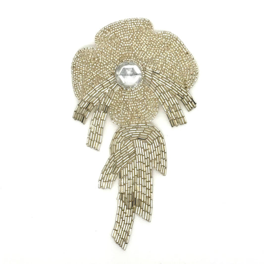 Silver Beaded Flower Appliqué with Center Stone, 7.75" x 4.25"