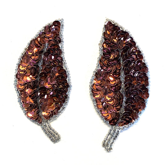 Bronze Sequin & Silver Beaded Leaf Appliqué Pair, 3.5" x 2"