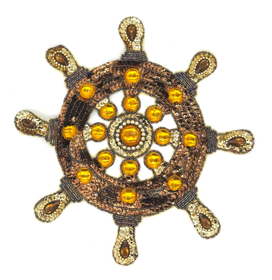 Ships Wheel -  Bronze/Gold Sequins - Multicolored  Beads - Rhinestones  10.5"