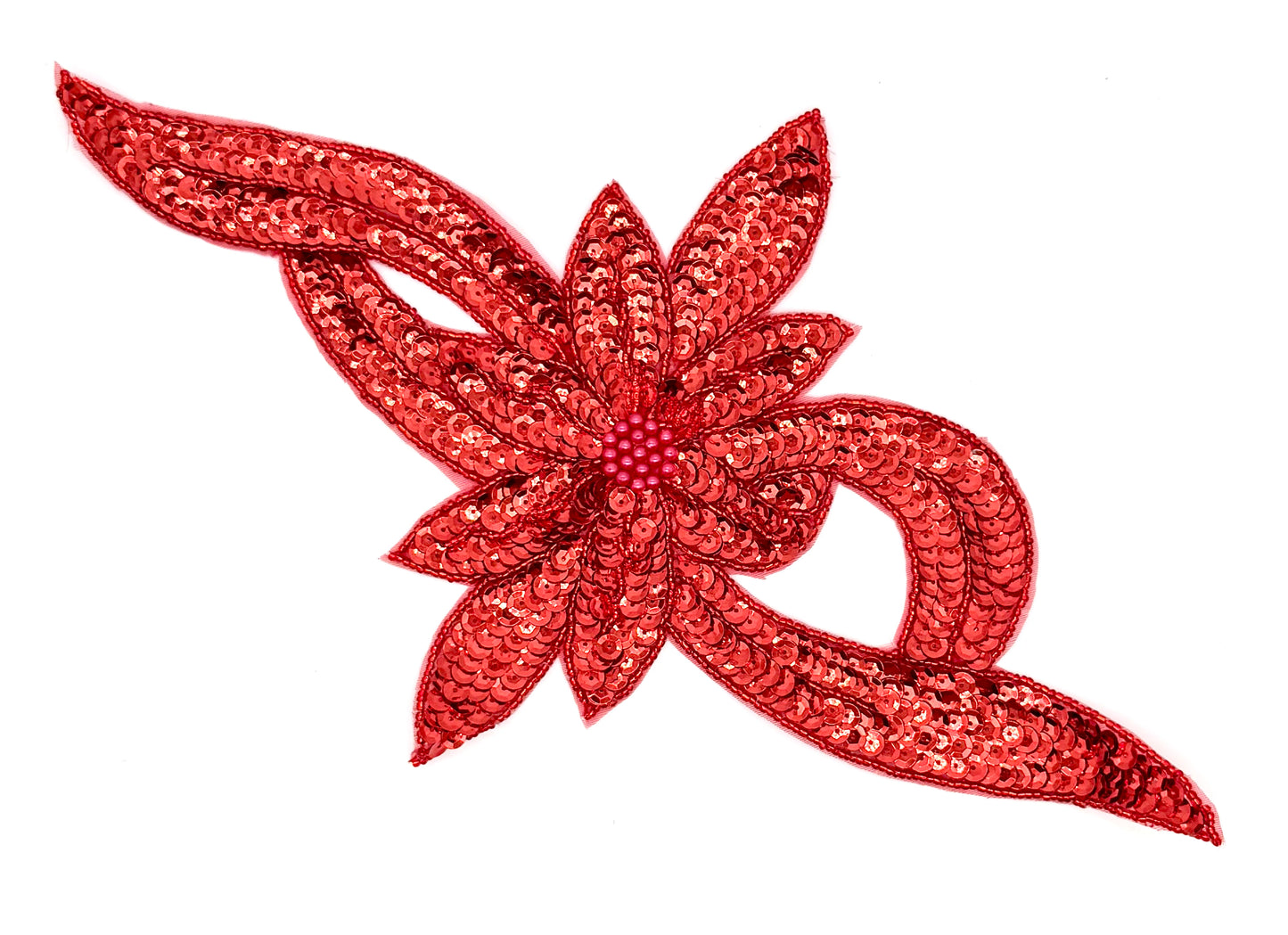 Red sequin flower and bow design on a white background