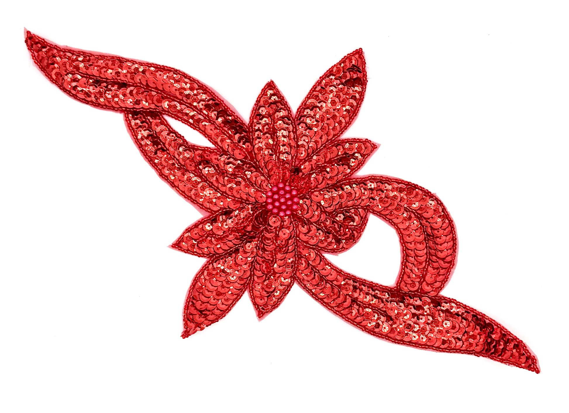 Red sequin flower and bow design on a white background