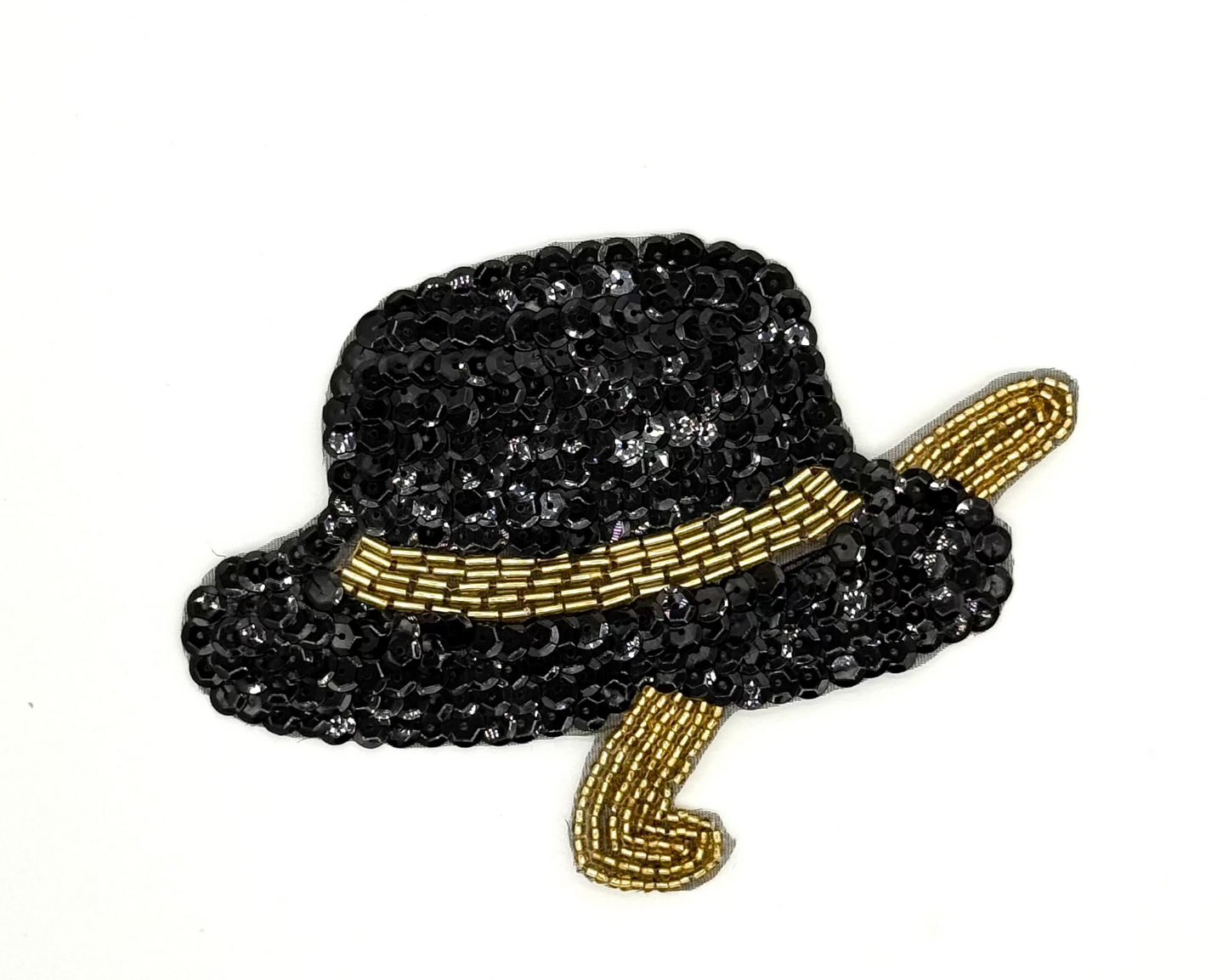 Sombrero y bastón con lentejuelas negras - Cuentas doradas 5.5"x 4"