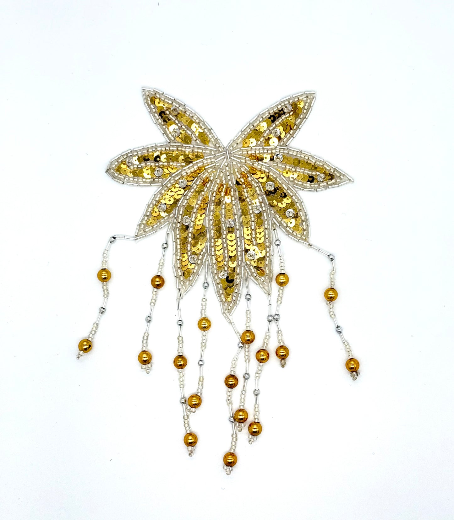 Epaulet Leaf - Gold Sequins - Silver Beads 9" x 5.5"