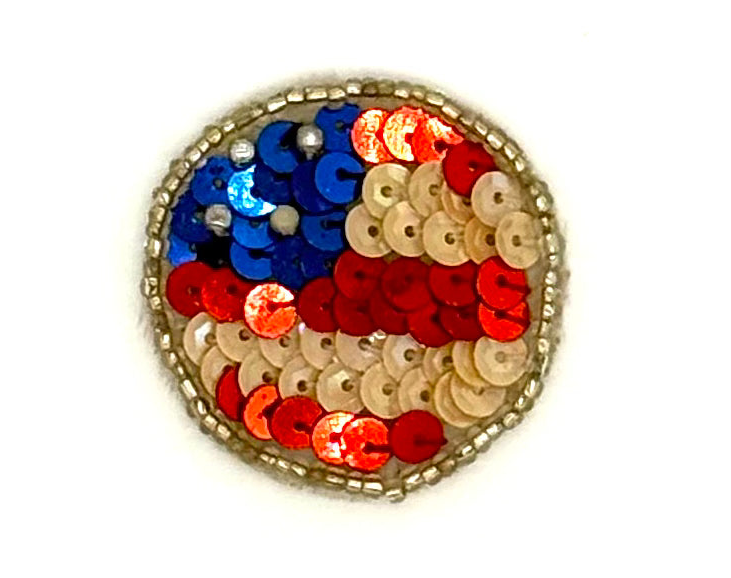 Flag Circle Pin  - Red/White/Blue Sequins - Silver Glass Beads 1.5"