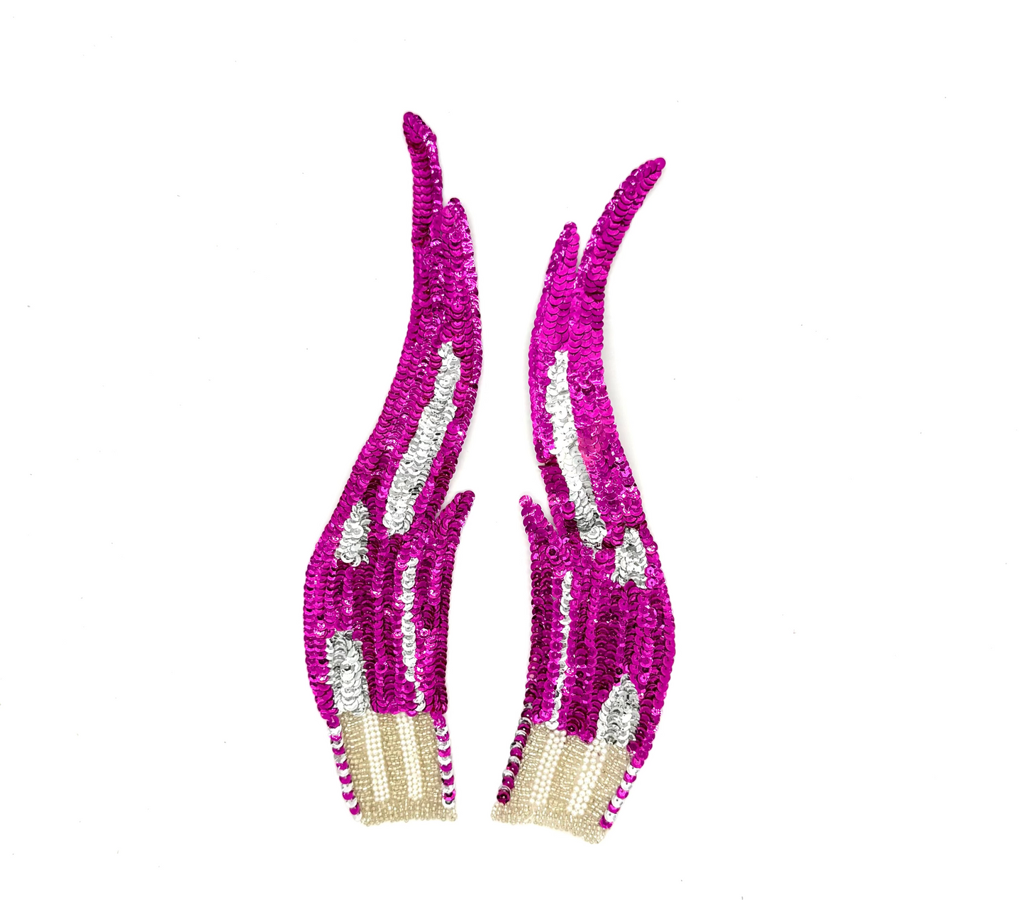 Flame Appliqué - Pair or Single - Fuchsia/Silver Sequins - Silver Glass Beads - Pearl Beads 12" x 3"
