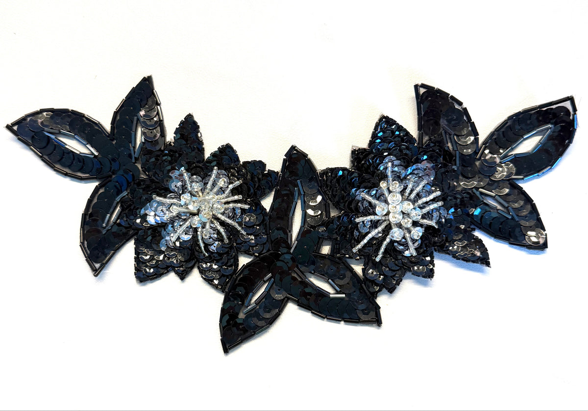 Black & Silver Two-Flower Neckline Appliqué – 10.5" x 5"