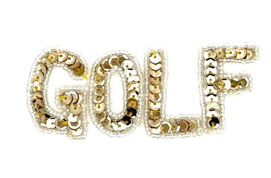 "Golf" Word Appliqué - Gold Sequins - Iridescent White Glass Beads 3.75" x 1.5"