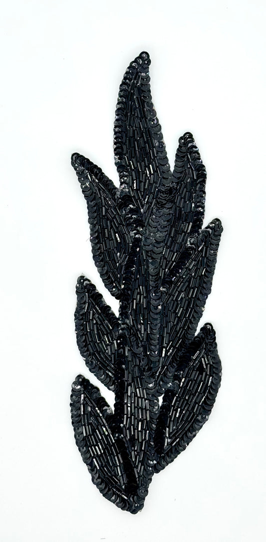 Leaf Design Appliqué with Black Sequins and Beads 9" x 3"