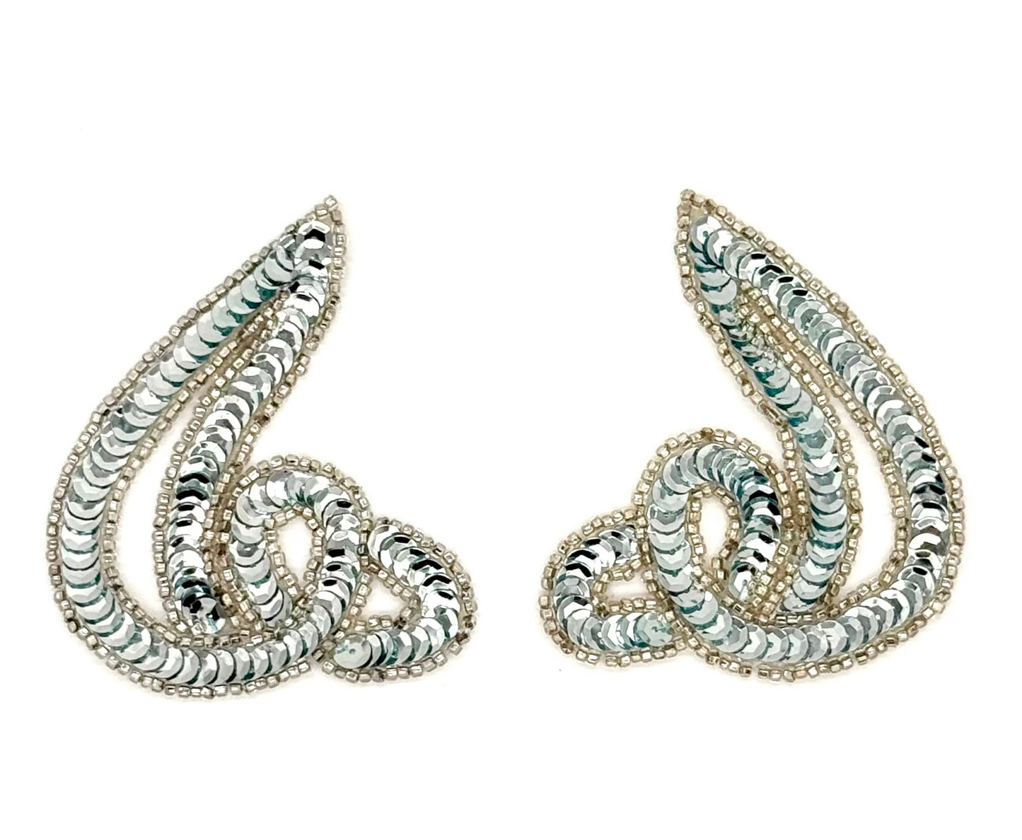Designer Motif Swirl Pair Ice Blue Sequins Silver Beads 3.5" x 3"