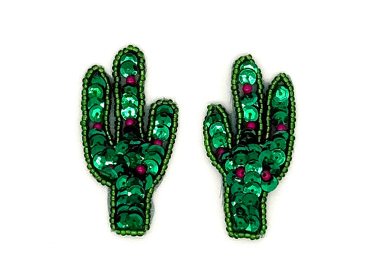 Cactus Pair Appliqué - Green Sequins - Red Glass Beads 2.25" x 1.25"