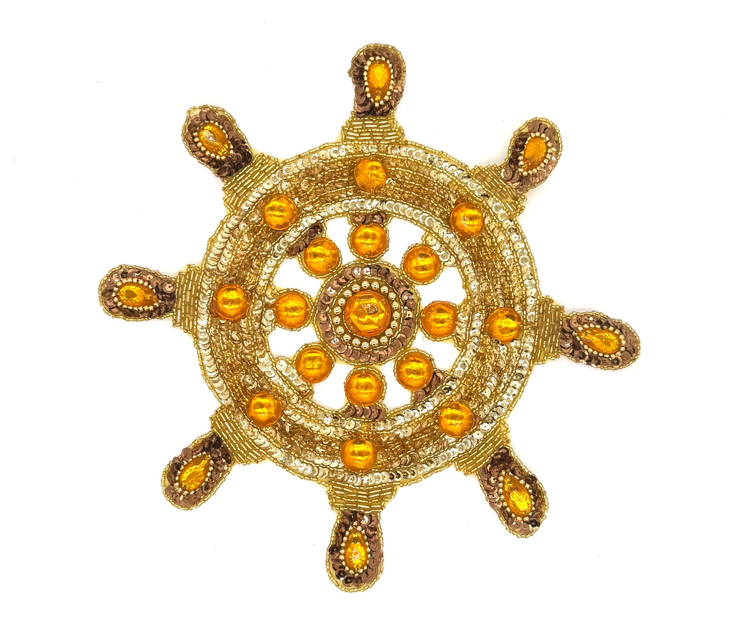 Ships Wheel - Gold/Bronze Sequins -Gold Beads - Rhinestone  10.5"